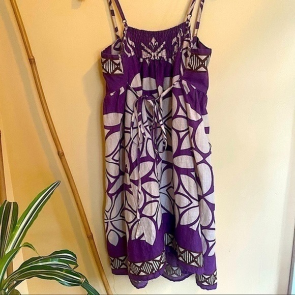 Day Dress Linen Feel Pleated Purple Print Dress - Picture 10 of 12